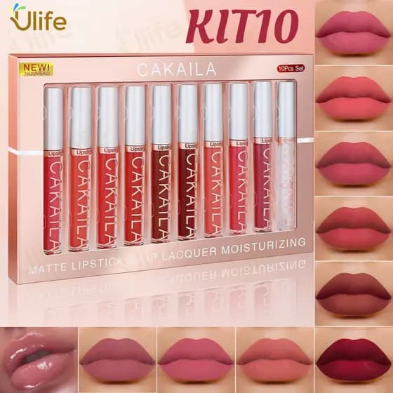 10-Color Conjunto Labial Fosco De Veludo CAKAILA De 10 Cores-Líquido Antiaderente à Prova d'Água para Lábios-UF