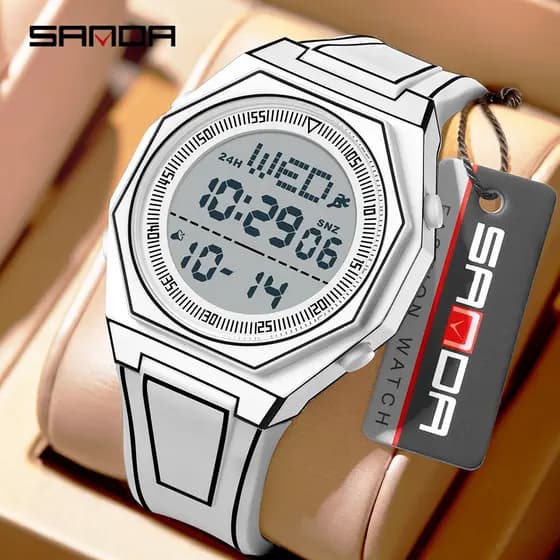 SANDA 9097 Relógio Eletrônico Masculino Esportivo Multifuncional À Prova D'água Cor Luminosa Despertador Temporizador Fe