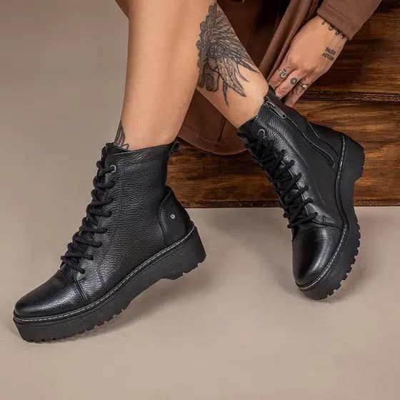 Bota Coturno Feminino Vittal Couro Legítimo Laura Confortável Fechamento Cadarço