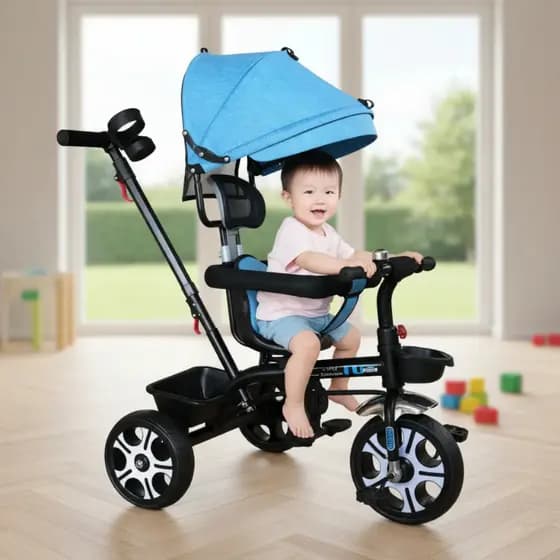 Triciclo Infantil com Pedal e Empurrador, Azul, Suporta até 25kg