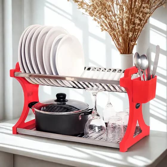 Escorredor de Louça 20 Pratos Vermelho em aço Inox Alto com Porta Talheres Pia Cozinha Organizador