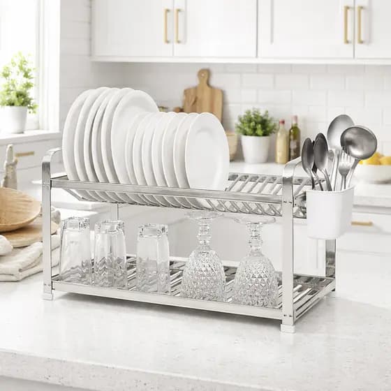 Escorredor de Louça em Inox 20 Pratos Montado com Porta Talher Secador Copos Panelas Cozinha Branco