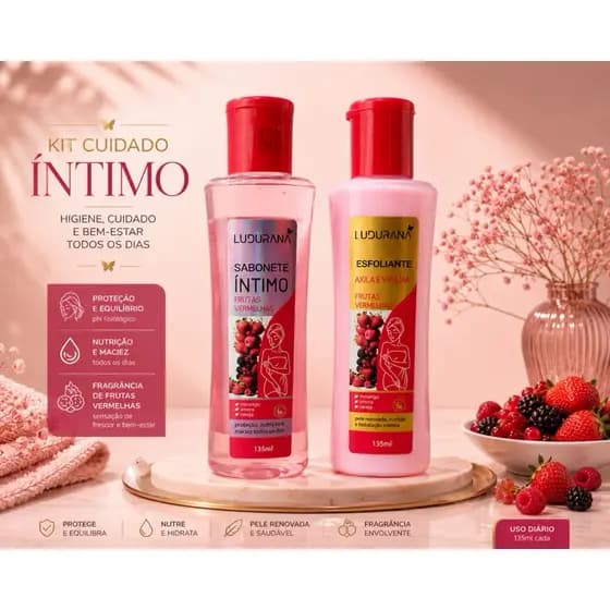 Kit Cuidado Íntimo Ludurana Frutas Vermelhas 2x135ml | Sabonete Íntimo + Esfoliante Axila e Virilha