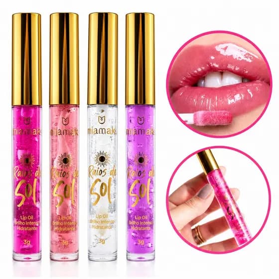 Gloss Lip Oil Raios de Sol Mia Make 3g Com Sabor Banana Morango Uva Pitaya Hidratante Brilho Intenso