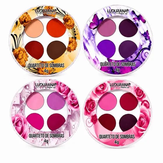 Kit 4 Quartetos de Sombras Ludurana 4g Paleta de Sombras Alta Pigmentação Cores Variadas Maquiagem Profissional