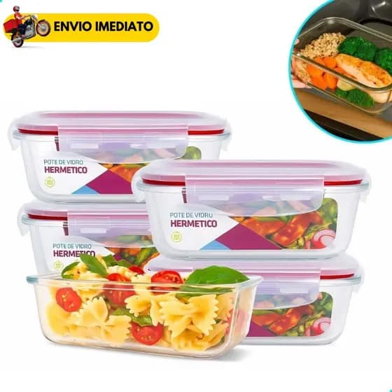 Kit Potes de Vidro 640ml Hermético Marmita Fit com Tampa 4 Travas