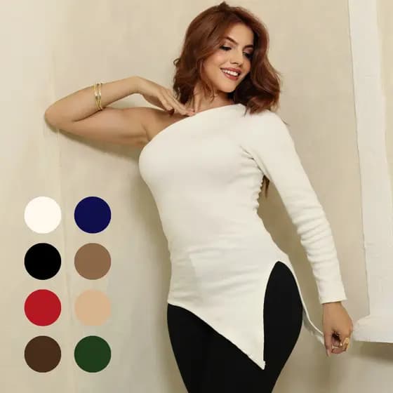 Blusa Feminina Nula Manga Assimétrica Manga Longa Canelada Algodão Básica