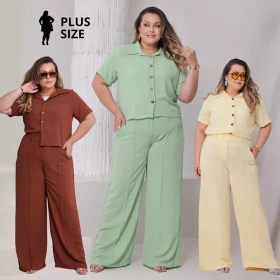Conjunto Feminino Plus Size Calça Pantalona e Camisa | Soltinho Duna Elegante Da Moda