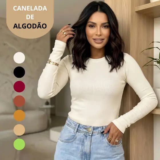 Blusa Feminina Manga Longa Comprida Básica Canelada Algodão