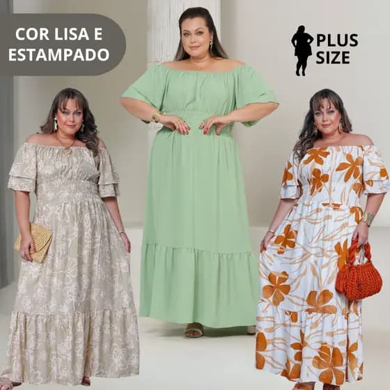 Vestido Plus Size Longo Floral Liso Evangélico Soltinho Com Elástico E Babado