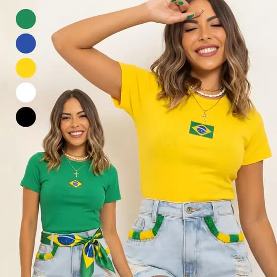 Blusa Feminina Baby Tee Brasil Brazil Core Copa 2026 | Canelada Slim Manga Curta