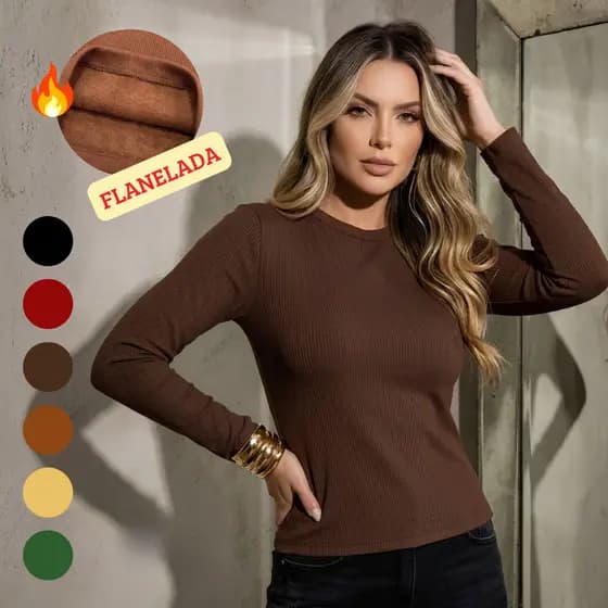 Blusa Feminina De Frio Manga Longa Flanelada Peluciada Térmica Básica Canelada