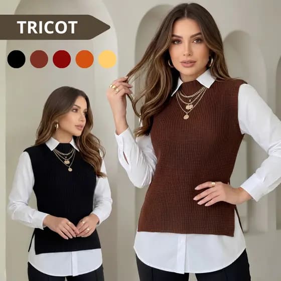 Colete Feminino Tricot Fang Fenda Social Pullover Moda Básico Luxo