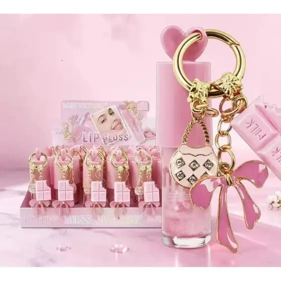 Lip Gloss com chaveiro rosa luxo