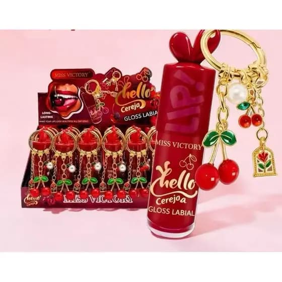 Gloss labial de luxo em formato de cereja com chaveiro.