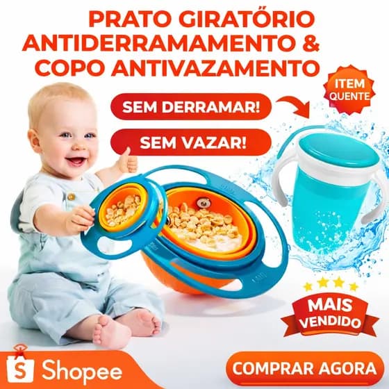 Kit Alimentação Bebê Anti Derrame Prato Mágico 360° mais Copo Antivazamento Introdução Alimentar