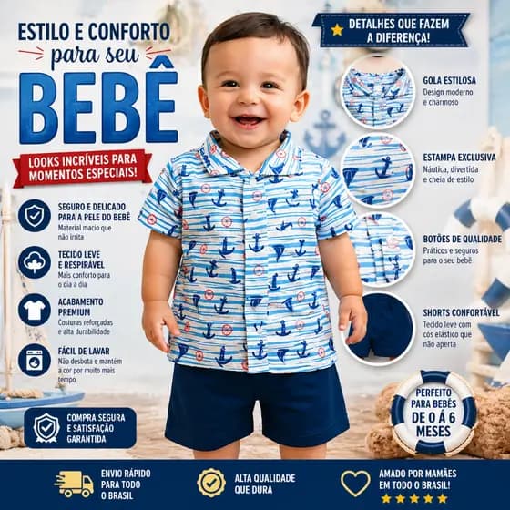 Conjunto Bebê Verão Masculino Camisa Fashion e Short Macio 0 a 6 Meses Roupa Infantil Menino Estilo