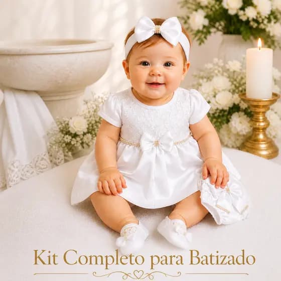 Kit Vestido Branco Bebê Batizado Luxo com Laço 4 Peças Delicado e Elegante 0 á 3 Meses