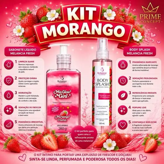 Kit Hidratante Aromatizante Mix Glow Girl 280g Morango + Body Splash 130ml Morango c/ Champagne
