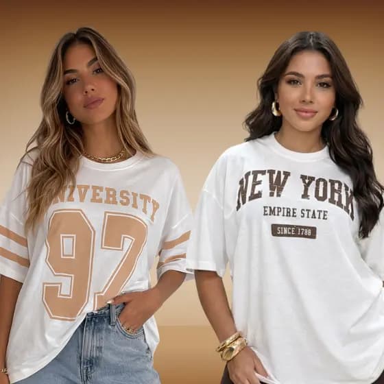 Kit 2 Blusas Femininas Max Tecido 100% Algodão 1 University 97 e 1 New York Confortáveis e Estilosas
