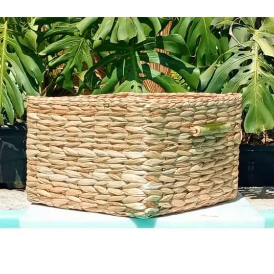 Cesta de Palha de Taboa Quadrada Multiuso com alças de Bambu -34x34x20