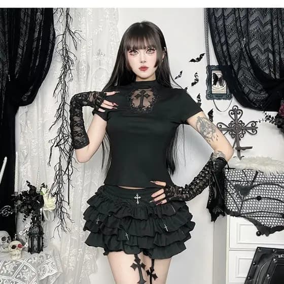 Top Feminino Estilo Gótico Americano Escuro, com Recortes em Forma de Cruz, Nova Coleção Primavera/Outono, Curto, Ajuste