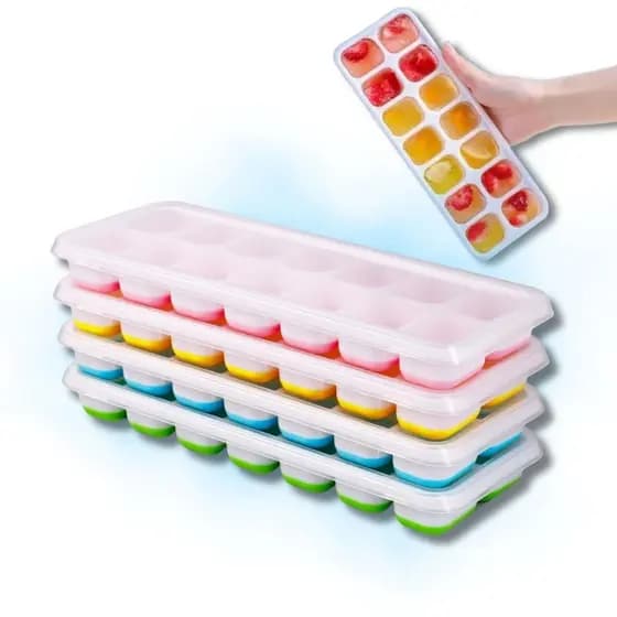 Kit 4 Formas de Gelo Silicone com Tampa Rígida Flexível Fundo 14 Cubos Retangular Multiuso Lavável Forminha