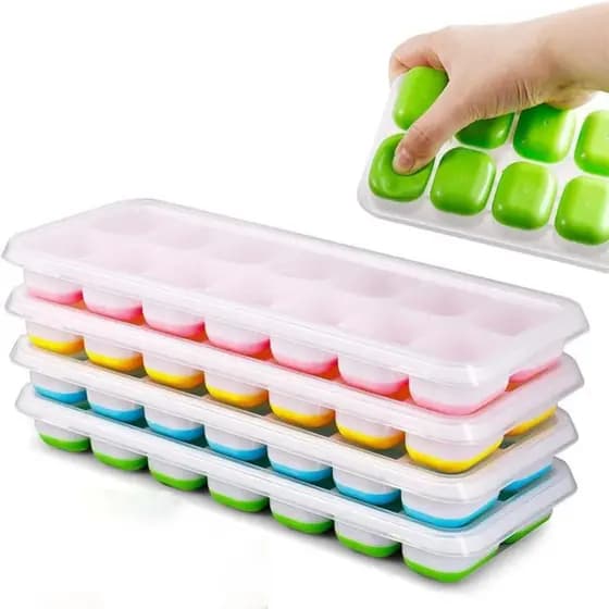 Kit Formas de Gelo Silicone Com Tampa Rígida Flexível Fundo Retangular 14 Cubos Multiuso Lavável