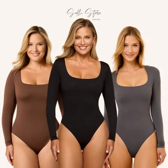 Kit 3 Body Feminino decote quadrado Manga Longa Moda Virginia