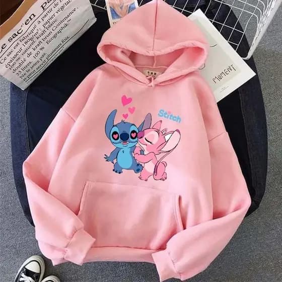 Moletom Adulto e Infantil Kids Unissex Com Capuz Canguru Algodão Lilo Stitch Amor Fofo