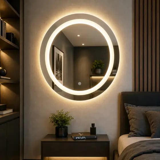 Espelho Redondo Grande Jateado com Led e Touch Fonte Slim Decoração Banheiro Penteadeira Sala Lavabo