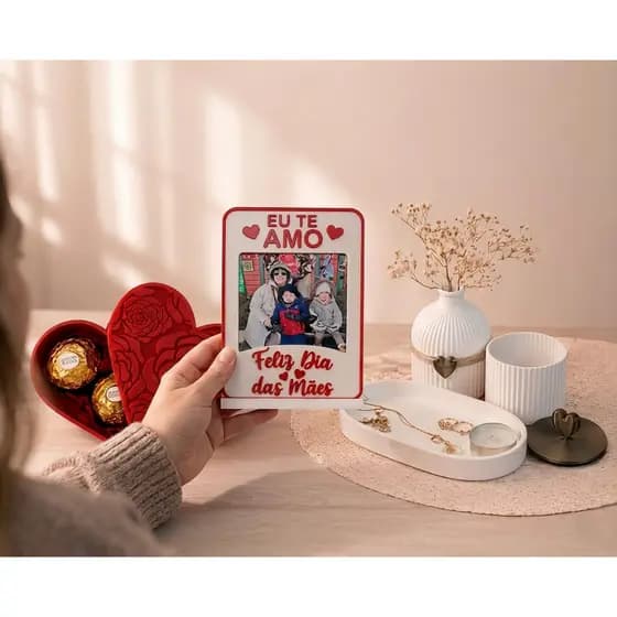 Kit Dia das Mães Presente Completo Personalizado Porta Retrato Caixa Coração Porta Joias Decorativo