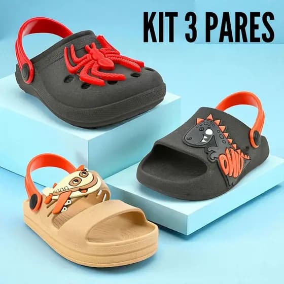 Kit 3 Pares Infantil Masculino Babuche Chinelo Correia Papete Original Para Menino Envio Rápido