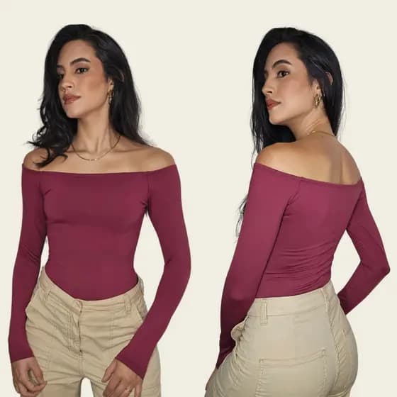 Body Vinho Bordo Ombro a Ombro Blusa Vermelha Manga Comprida Feminina Elegante Bory Ciganinha Suplex