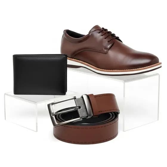 Kit Sapato Social Masculino Oxford Derby Costurado de Couro Leve Macio Elegante Ortopedico + Cinto e Carteira