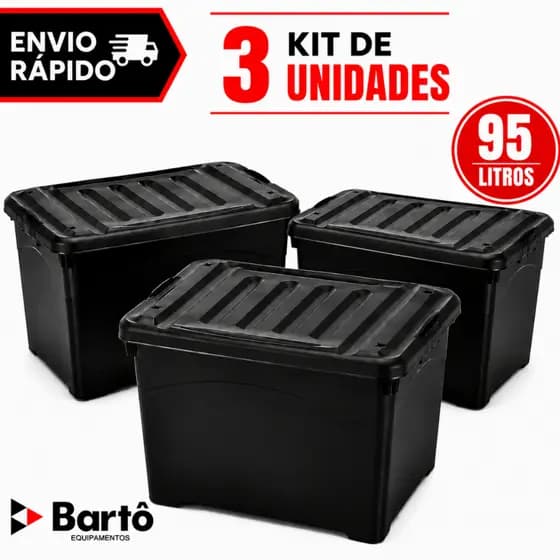 Kit 3 Unidades Caixa Organizadora 95 Litros Preta Injeplastec 95 Litros Com Travas Rodinhas e Alça
