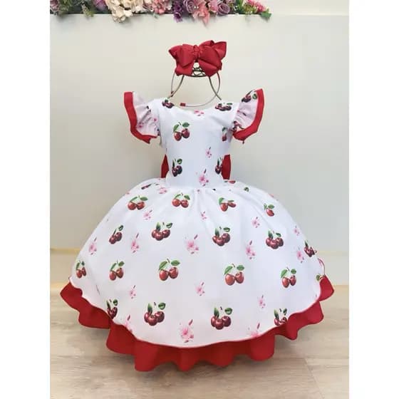 Vestido Infantil Branco e Vermelho com Estampa Cereja Luxo Cerejinha