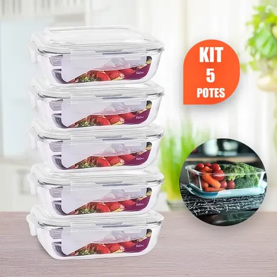 Kit 5 Potes 640ml de Vidro Hermético Marmita Fit com Tampa 4 Travas