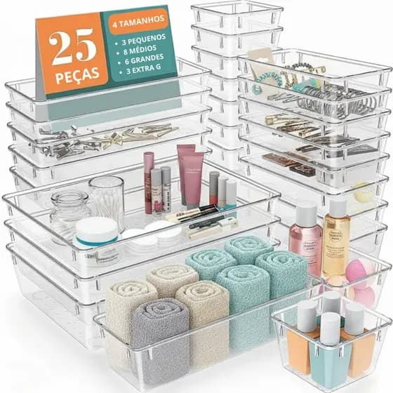 Kit com 25 Organizador Acrílico Modular Empilhavel Organizador de Gaveta, Cozinha, Escritório