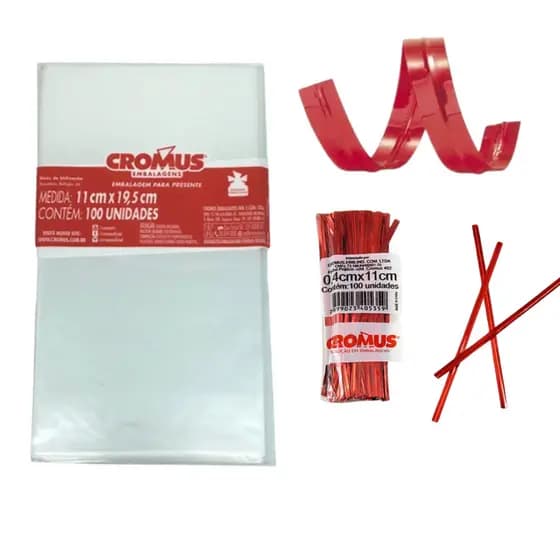 100 SAQUINHO TRANSPARENTE CELOFANE 11X19,5 + 100 UNIDADES FECHO PRATICO VERMELHO METLIZADO CROMUS