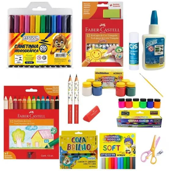 KIT ESCOLAR TESOURA ROSA + CANETA JUMBO BRW + LAPIS 12 COR FABER TRIANGULAR JUMBO + APONTADOR JUMBO