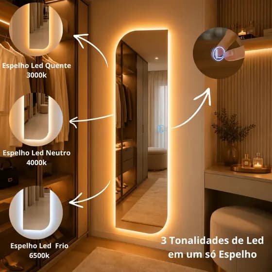 Espelho Lopazzi Orgânico Corpo Inteiro 150x40cm com 3 Cores Led Bi Volt Quente, Neutro e Frio para Decoração Premium