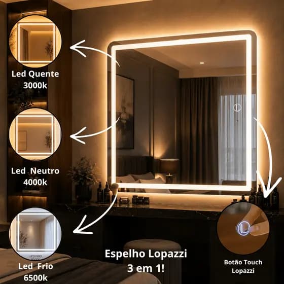 Espelho Lopazzi Iluminado com 3 Tonalidades de LED Touch 80x90cm Retangular Decorativo para Maquiagem e Quarto