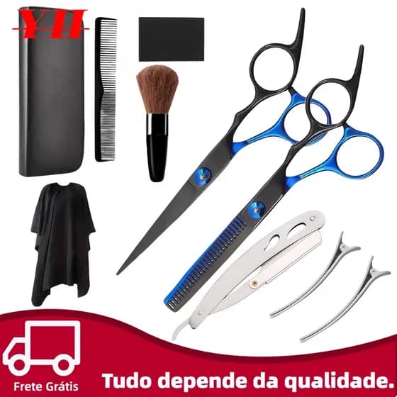 Kit 10 Peças Tesoura Barbeiro Fio Navalha E Desfiadeira + Acessórios