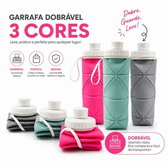 Garrafa Dobrável de Silicone 600ml com Tampa Viagem Academia Água Dobrável Retrátil Silicone 600ml