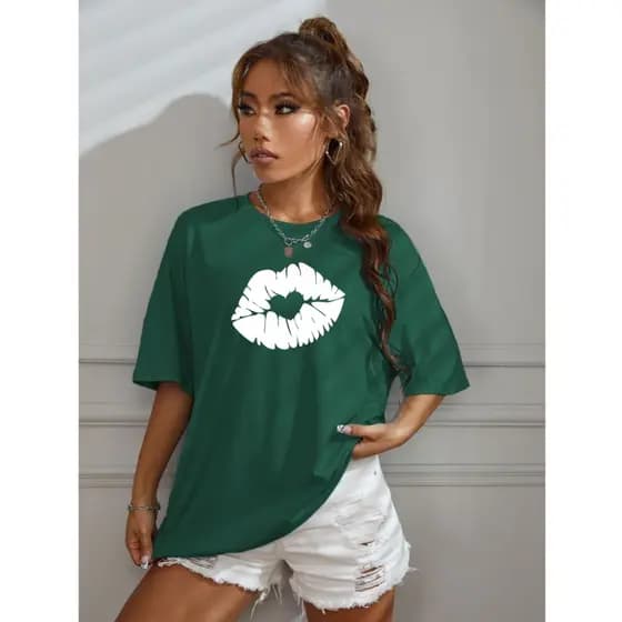 Blusão Camiseta Feminina Boca Coração De Ombro Caído Estampada Streetwear 100% Algodão Promoção