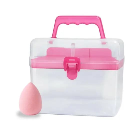 Maleta de Plástico Rosa Quadrada Decorativa com Divisórias Internas e Esponja de Maquiagem Látex