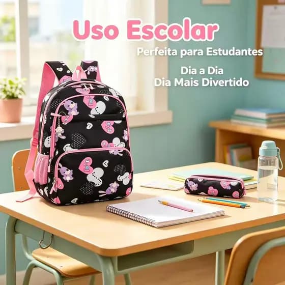 Mochila Escolar Infantil Estampada com Múltiplos Compartimentos