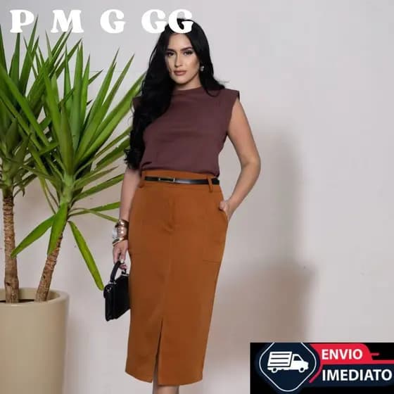 Saia Midi Alfaiataria Com Cinto E Bolsos PROMOÇÃO P ao GG