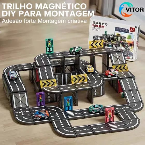 Blocos Magnéticos Cidade 54/81/128 Peças | Estradas, Carros e Construção Educativa para Crianças VITOR